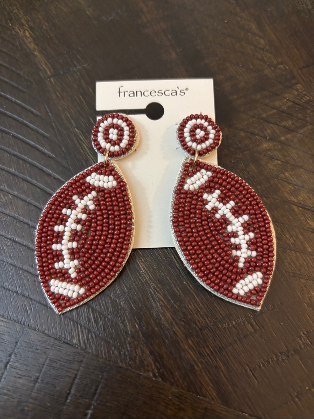Francesca's Beaded Football Statement Earrings - Reddish Brown & White